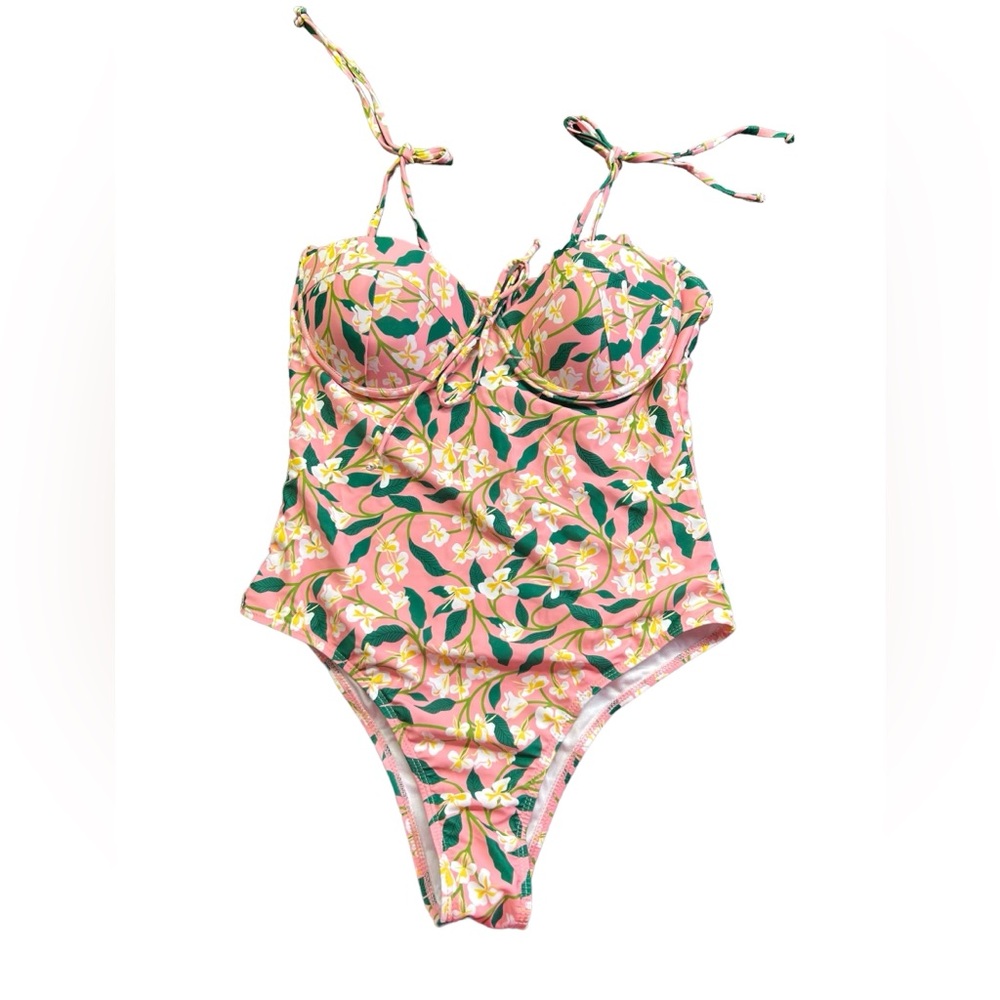 TESUV floral one piece swimsuit swimwear w shoulder ties built in underwire bra
